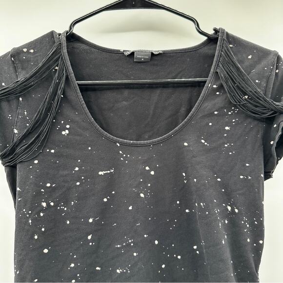 Armani Exchange Black & Cream Paint Splatter Fringe Shoulder Short Sleeve Shirt - Picture 2 of 5